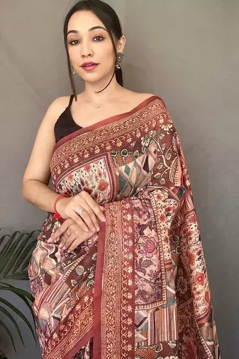 brown ethnic motif printed saree