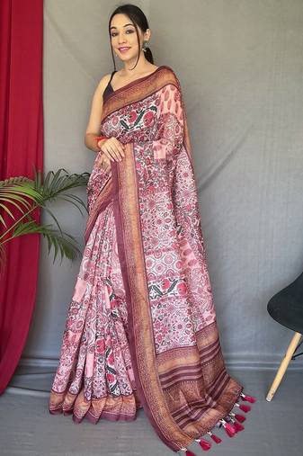 pink kalamkari cotton blend zari saree with tassel