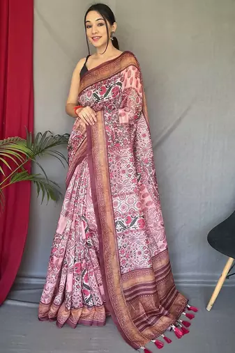 pink kalamkari cotton blend zari saree with tassel