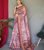 pink kalamkari cotton blend zari saree with tassel