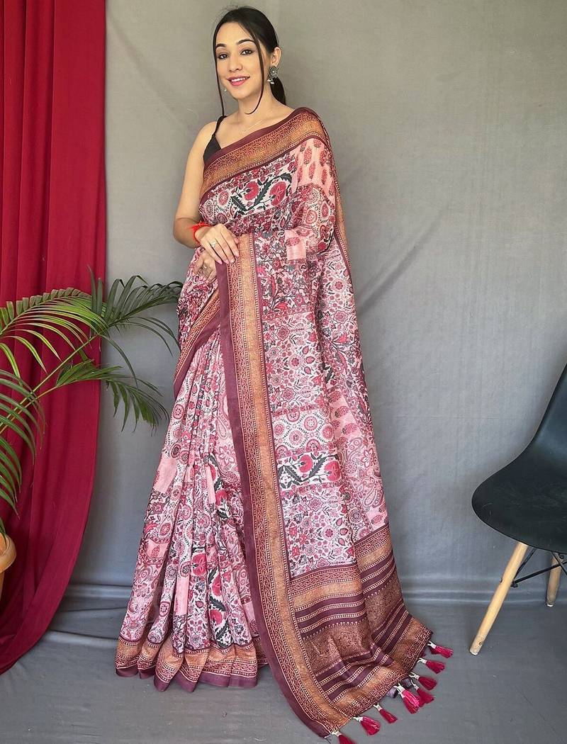 pink kalamkari cotton blend zari saree with tassel