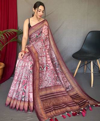 pink kalamkari cotton blend zari saree with tassel 2