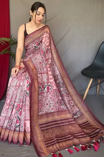 pink kalamkari cotton blend zari saree with tassel
