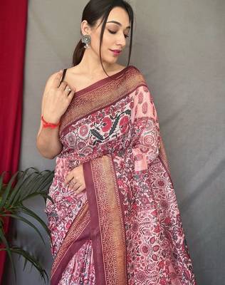 pink kalamkari cotton blend zari saree with tassel 3