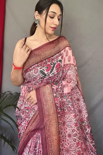 pink kalamkari cotton blend zari saree with tassel