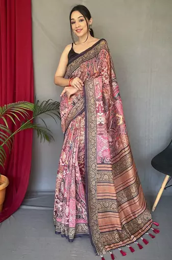 pink ethnic motifs cotton blend saree with tassel