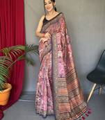 pink ethnic motifs cotton blend saree with tassel