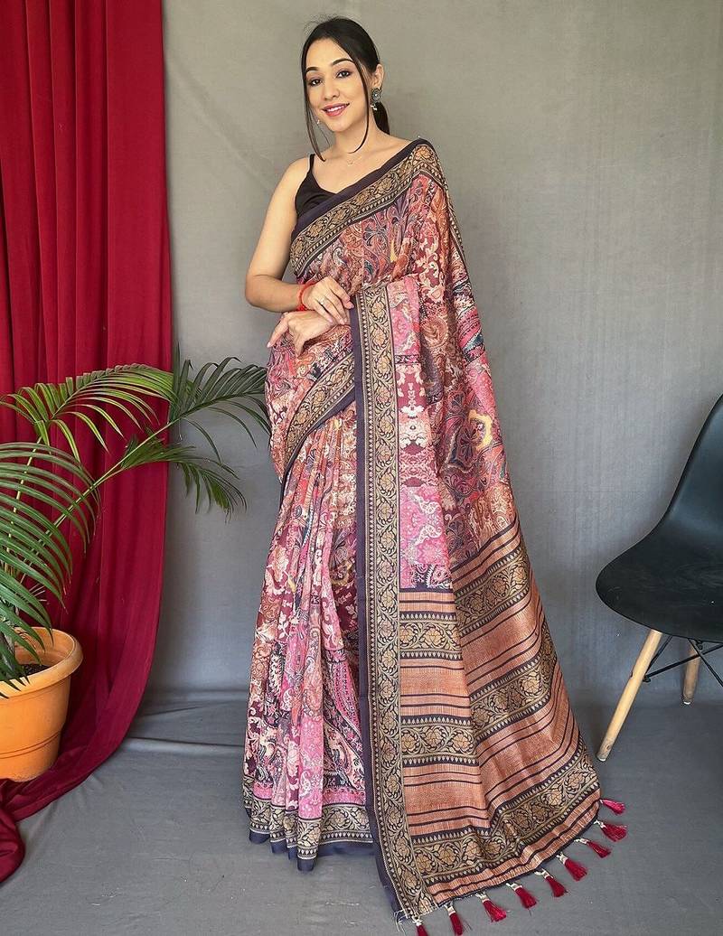 pink ethnic motifs cotton blend saree with tassel