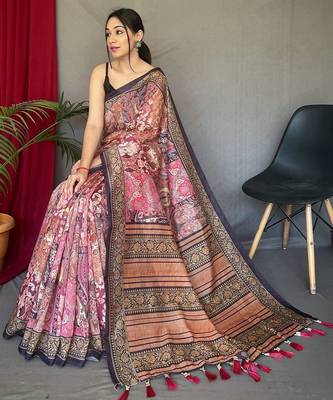pink ethnic motifs cotton blend saree with tassel 2