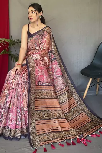pink ethnic motifs cotton blend saree with tassel