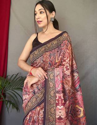 pink ethnic motifs cotton blend saree with tassel 3