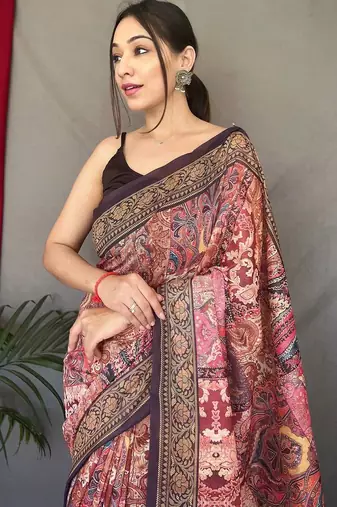 pink ethnic motifs cotton blend saree with tassel