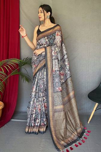 grey ethnic motifs printed saree