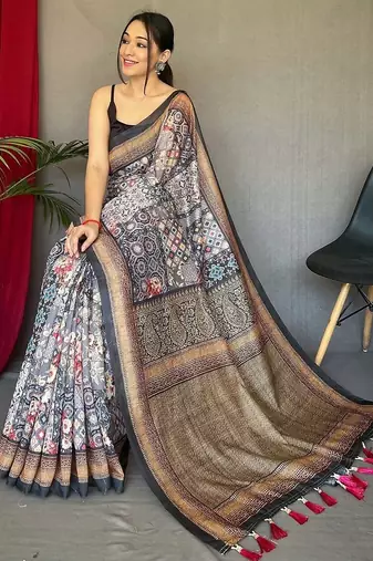 grey ethnic motifs printed saree
