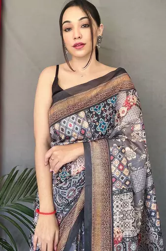 grey ethnic motifs printed saree