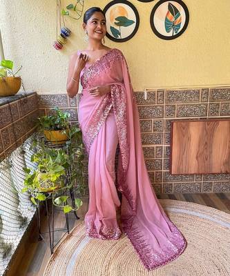 pink embellished sequinned poly georgette saree with blouse piece 1