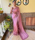 pink embellished sequinned poly georgette saree with blouse piece
