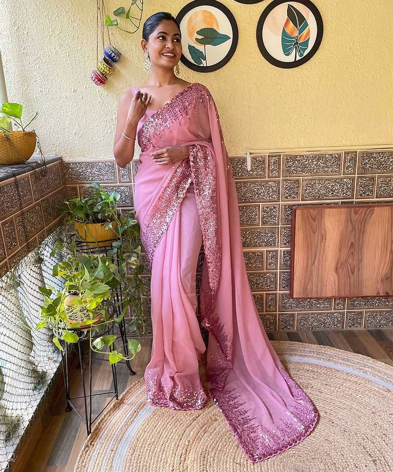 pink embellished sequinned poly georgette saree with blouse piece