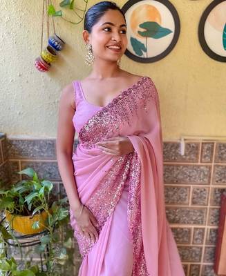 pink embellished sequinned poly georgette saree with blouse piece 2