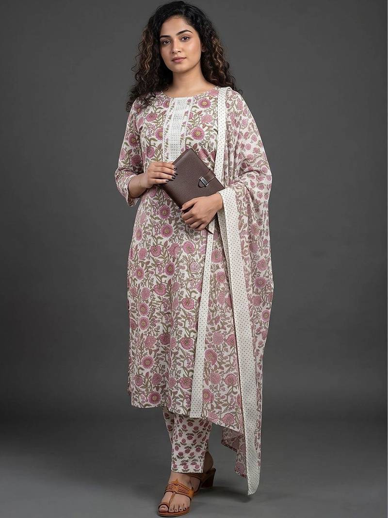 smart women printed kurta with trousers with dupatta