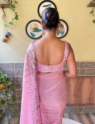 pink embellished sequinned poly georgette saree with blouse piece 3