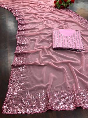 pink embellished sequinned poly georgette saree with blouse piece 4