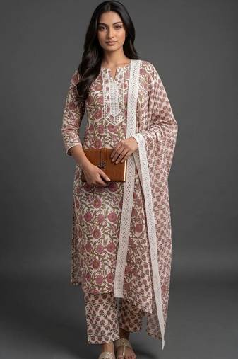 everyday workwear women printed kurta with trousers with dupatta