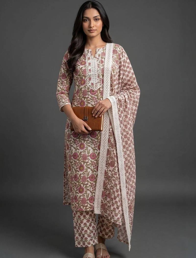 everyday workwear women printed kurta with trousers with dupatta