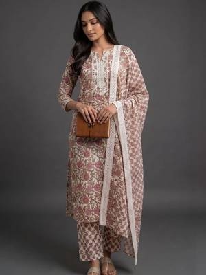 everyday workwear women printed kurta with trousers with dupatta 3