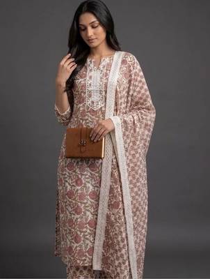 everyday workwear women printed kurta with trousers with dupatta 7