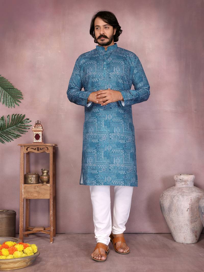 White heavy cotton sequence work & printed work premium designer kurta pajama