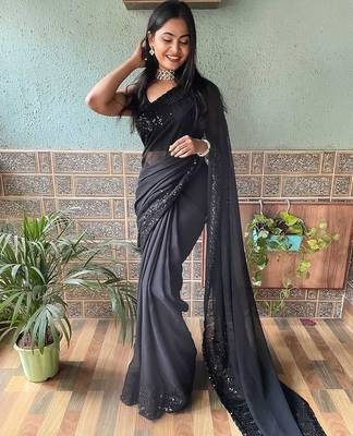 black sequinned poly georgette saree with blouse piece 1