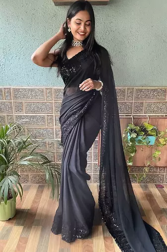 black sequinned poly georgette saree with blouse piece