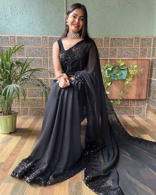 black sequinned poly georgette saree with blouse piece 2
