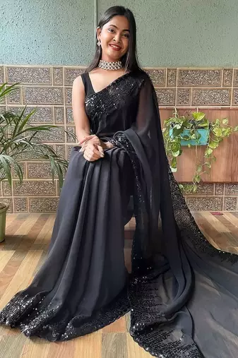 black sequinned poly georgette saree with blouse piece