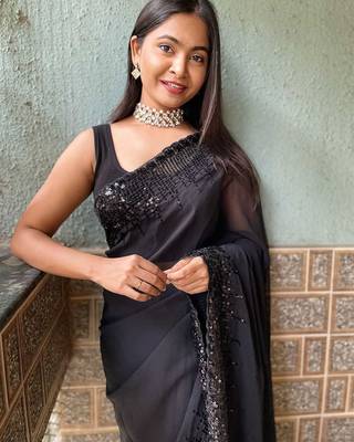 black sequinned poly georgette saree with blouse piece 3