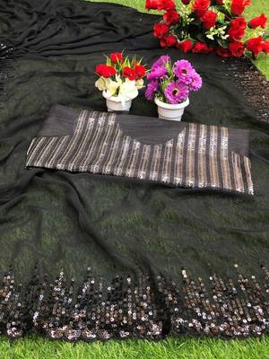 black sequinned poly georgette saree with blouse piece 4
