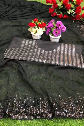 black sequinned poly georgette saree with blouse piece