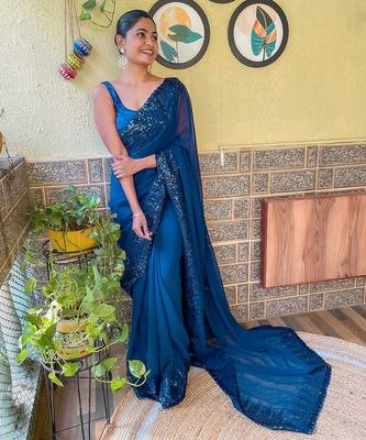 teal sequinned poly georgette saree with blouse piece 1