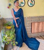 teal sequinned poly georgette saree with blouse piece