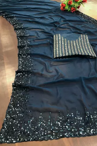 teal sequinned poly georgette saree with blouse piece