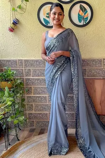 grey sequinned poly georgette saree with blouse piece