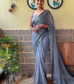 grey sequinned poly georgette saree with blouse piece