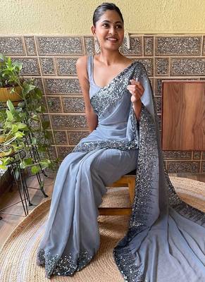 grey sequinned poly georgette saree with blouse piece 2