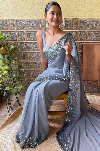 grey sequinned poly georgette saree with blouse piece