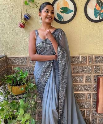grey sequinned poly georgette saree with blouse piece 3