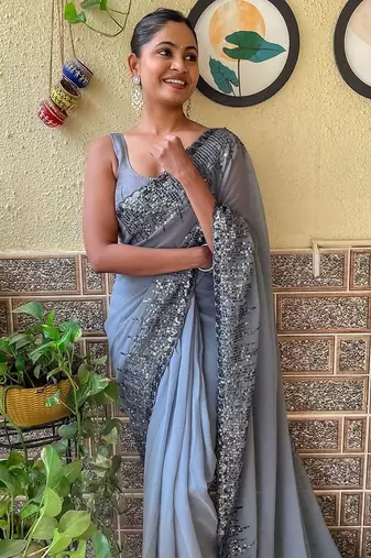 grey sequinned poly georgette saree with blouse piece