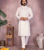 Yellow heavy cotton sequence work & printed work premium designer kurta pajama