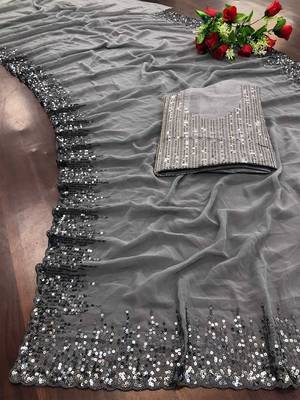 grey sequinned poly georgette saree with blouse piece 4