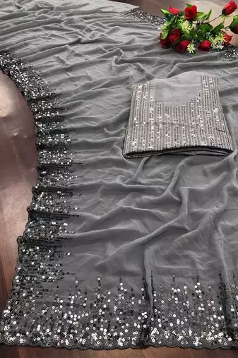 grey sequinned poly georgette saree with blouse piece